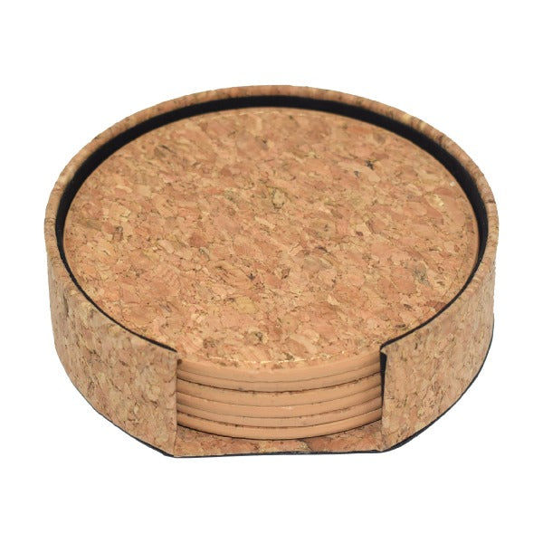 Round cork coaster set with a holder on a white background