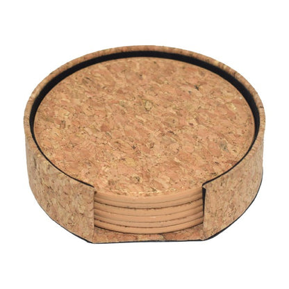 Round cork coaster set with a holder on a white background