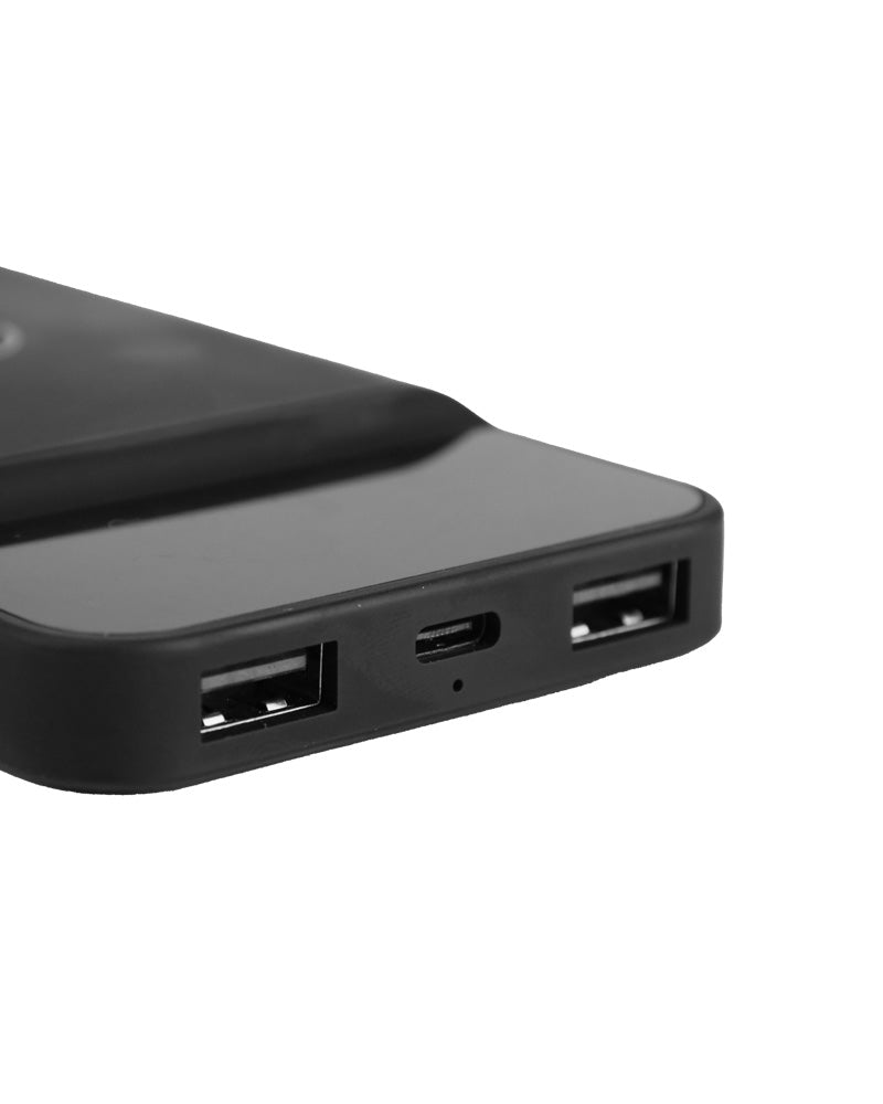 Black electronic device with multiple ports on a white background