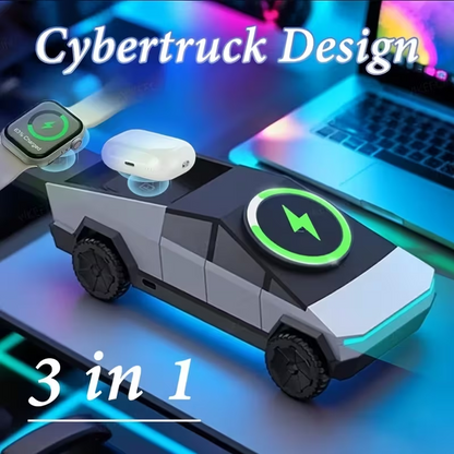 3-in-1 device with cybertruck design on a desk with laptop and smartwatch.