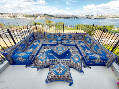 Royal Blue Arabic Floor Sofa Set – Terrace Pallet Seating, Majlis Cushions & Pouffs
