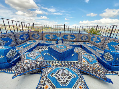 Royal Blue Arabic Floor Sofa Set – Terrace Pallet Seating, Majlis Cushions & Pouffs