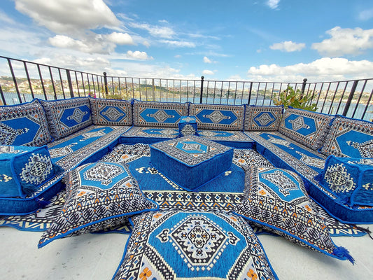 Royal Blue Arabic Floor Sofa Set – Terrace Pallet Seating, Majlis Cushions & Pouffs