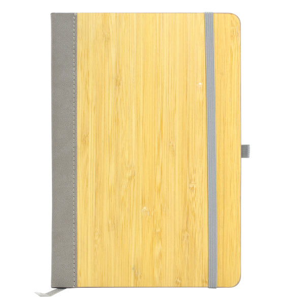 Wooden notebook with a gray strap on a white background