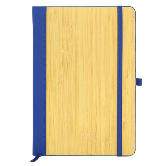 Notebook with bamboo cover and blue strap on a white background