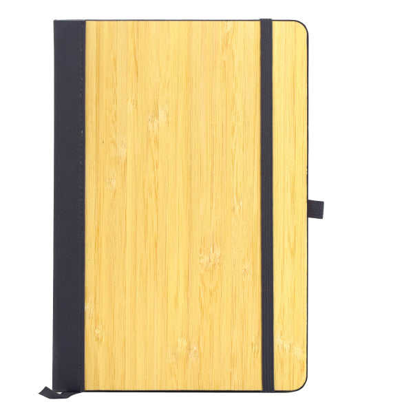 Wooden notebook with black straps on a white background