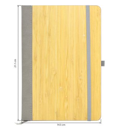 Wooden notebook with gray strap and dimensions on a white background