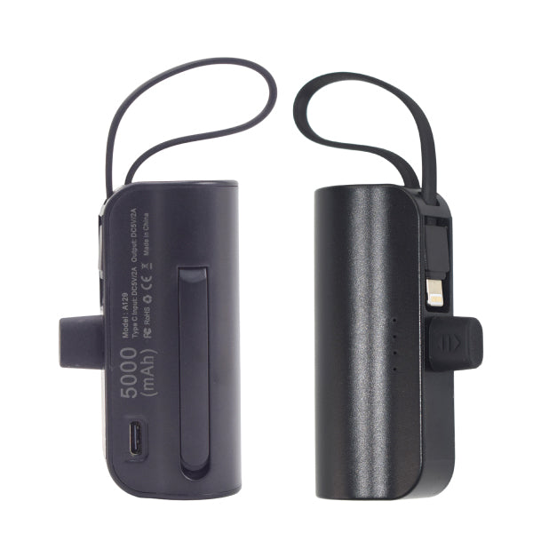 Black portable power bank with USB cable on a white background