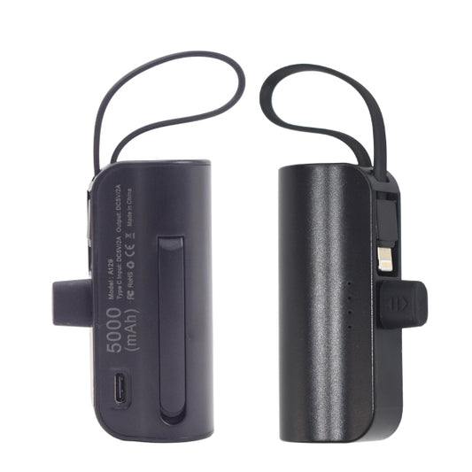 Black portable power bank with USB cable on a white background