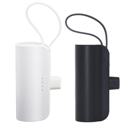 White and black cylindrical power banks with lanyards on a white background