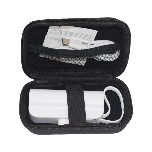 Black carrying case with a white electronic device, USB cable, and paper inside on a white background
