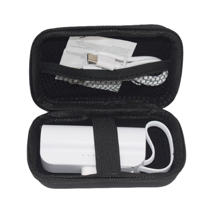 Black carrying case with a white electronic device, USB cable, and paper inside on a white background