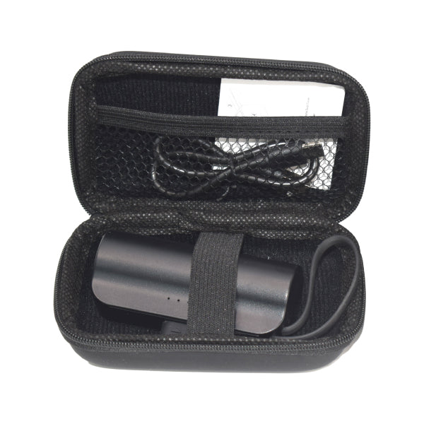 Black travel case with a cylindrical item and cable inside on a white background