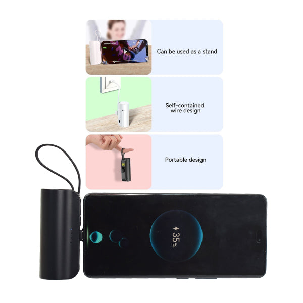 Black electronic device with stand feature, shown with smartphone and text on a white background