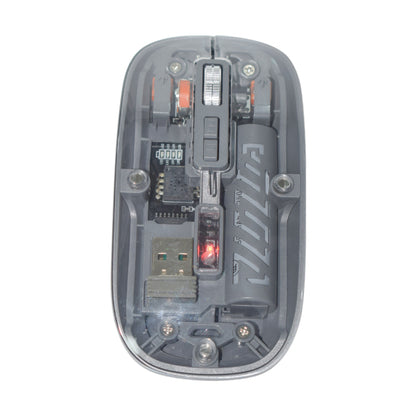 Gray computer mouse with visible wiring and components on a white background