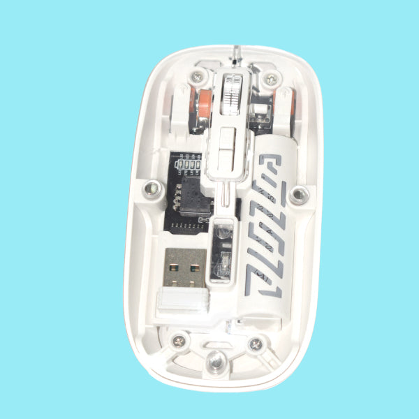 Disassembled computer mouse on a light blue background