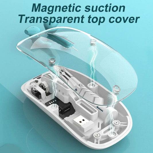 Cross-sectional view of a device with a transparent top cover and magnetic suction feature on a blue background.