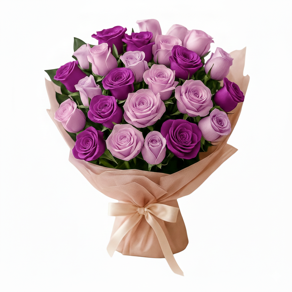 Bouquet of purple and pink roses wrapped in brown paper with a beige ribbon on a white background