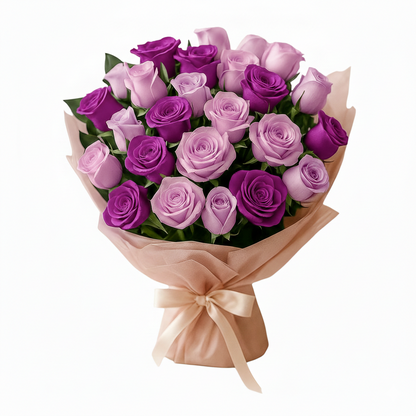 Bouquet of purple and pink roses wrapped in brown paper with a beige ribbon on a white background