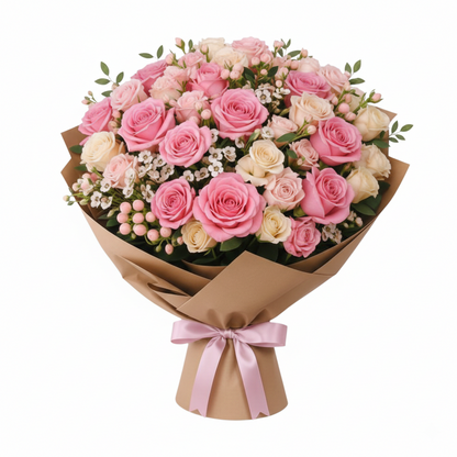Bouquet of pink and white roses wrapped in brown paper with a pink ribbon on a white background