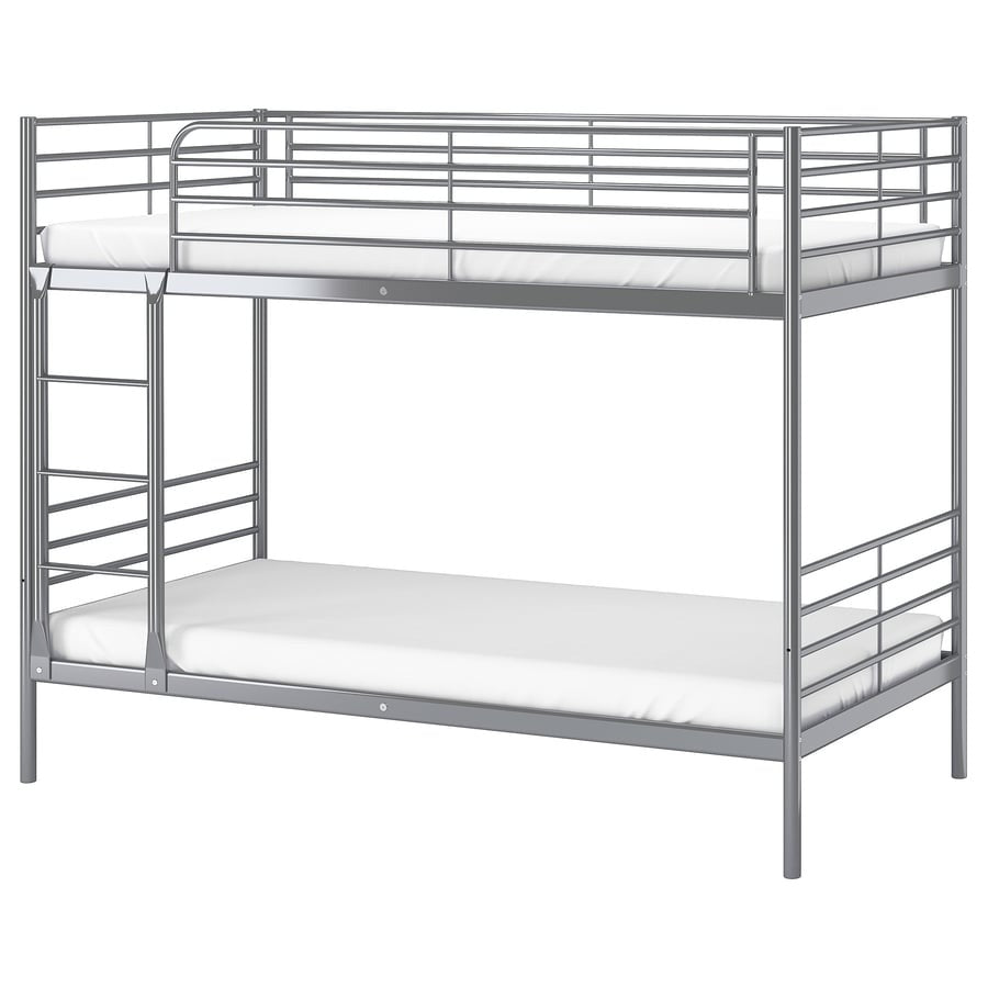 Silver metal bunk bed with white mattress on a white background