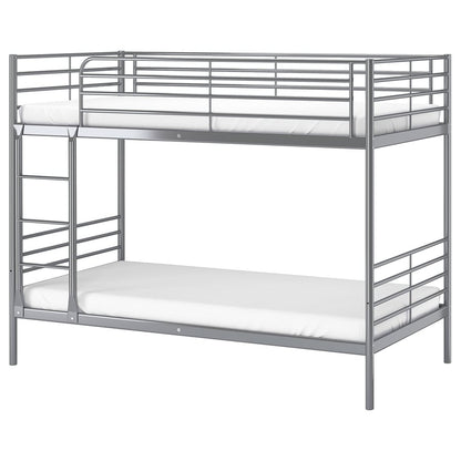 Silver metal bunk bed with white mattress on a white background