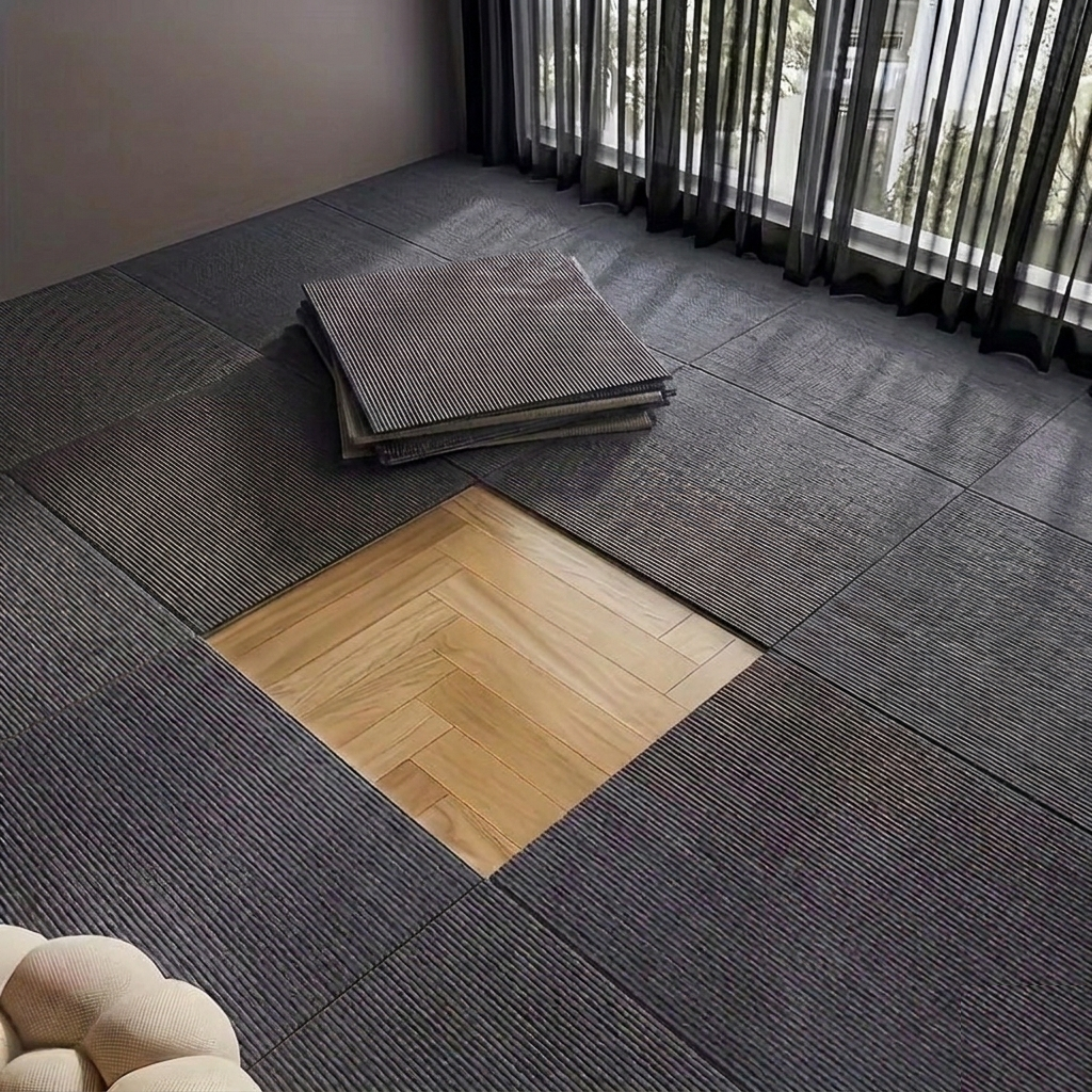 Gray floor tiles with a wooden square tile in a room with curtains.