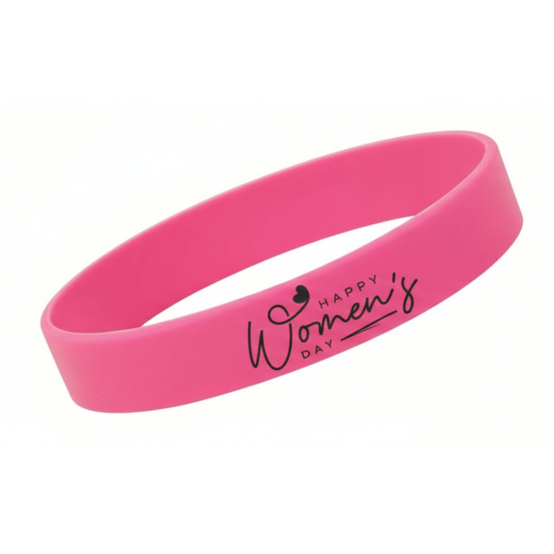 Pink wristband with 'Happy Women's Day' text on a white background