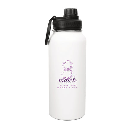 White water bottle with black lid featuring International Women's Day design on a white background