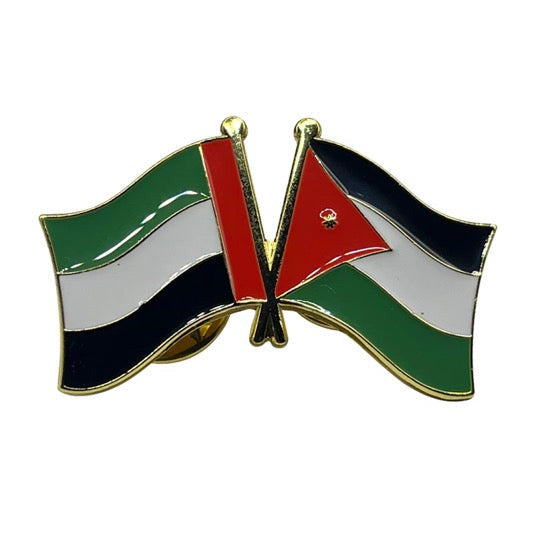 Pin with crossed flags of Palestine and Jordan on a white background