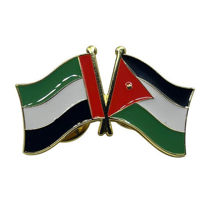 Pin with crossed flags of Palestine and Jordan on a white background