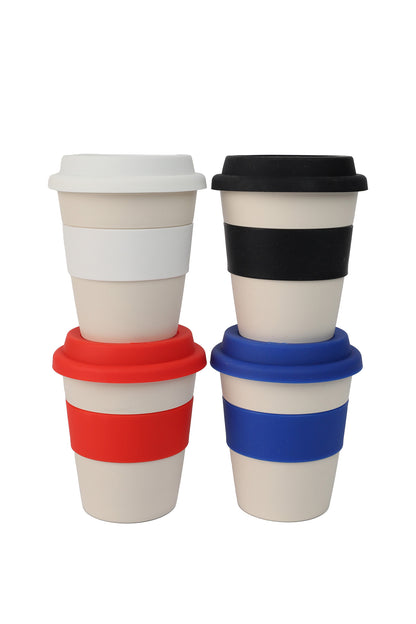 Two reusable coffee cups with colorful silicone sleeves on a white background