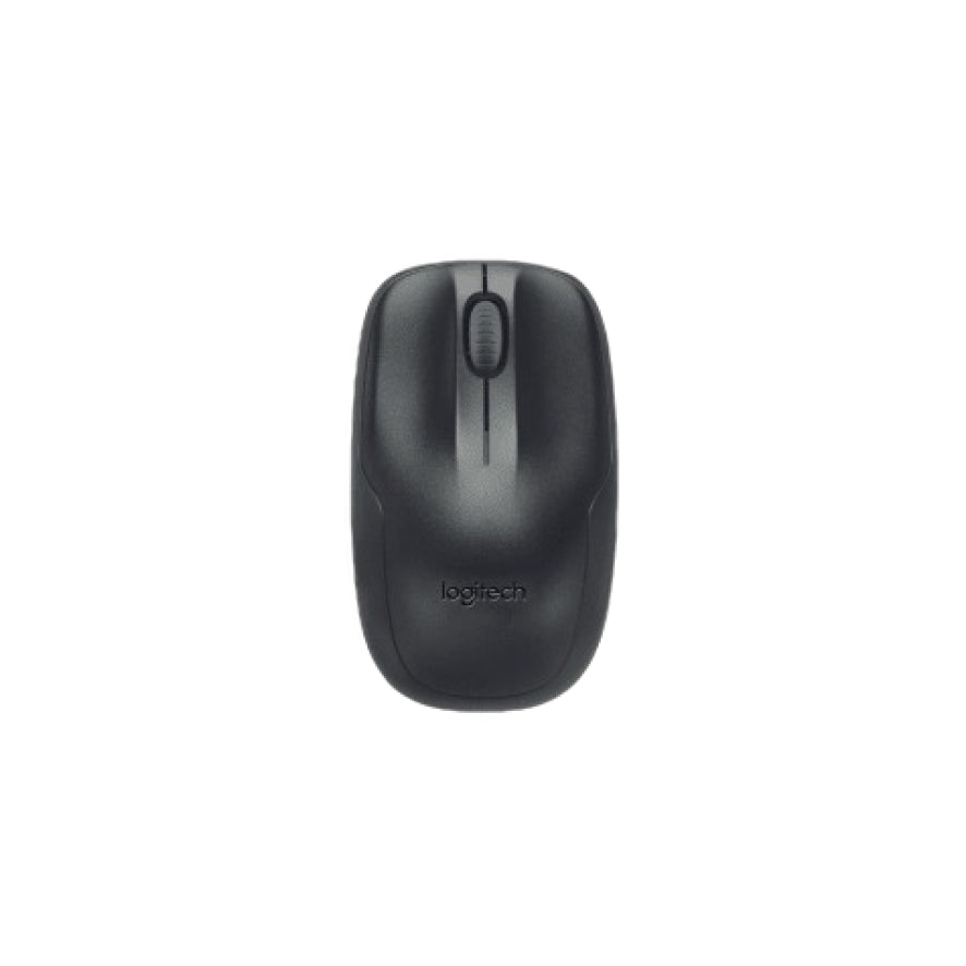 Black Logitech computer mouse on a white background