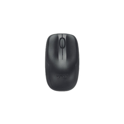 Black Logitech computer mouse on a white background