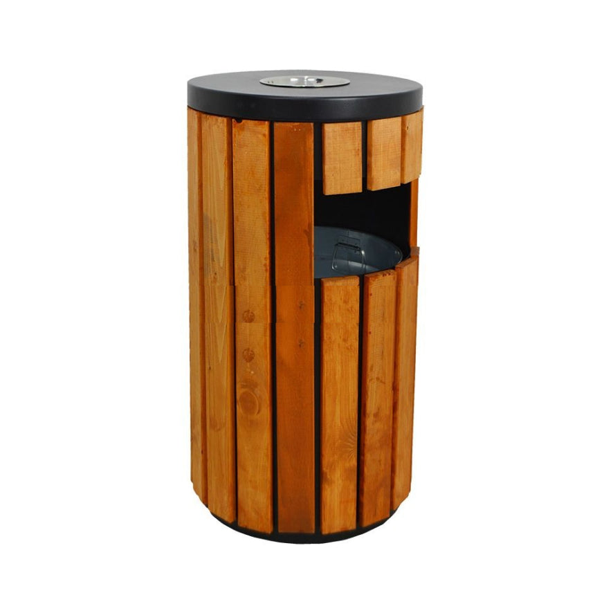 Wooden trash can with black top and bottom on a white background