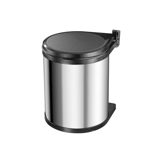 Stainless steel trash can with a black lid on a white background