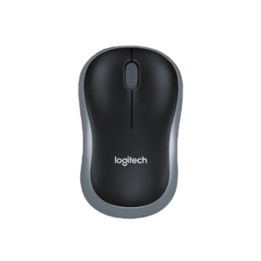 Black Logitech mouse on a white background