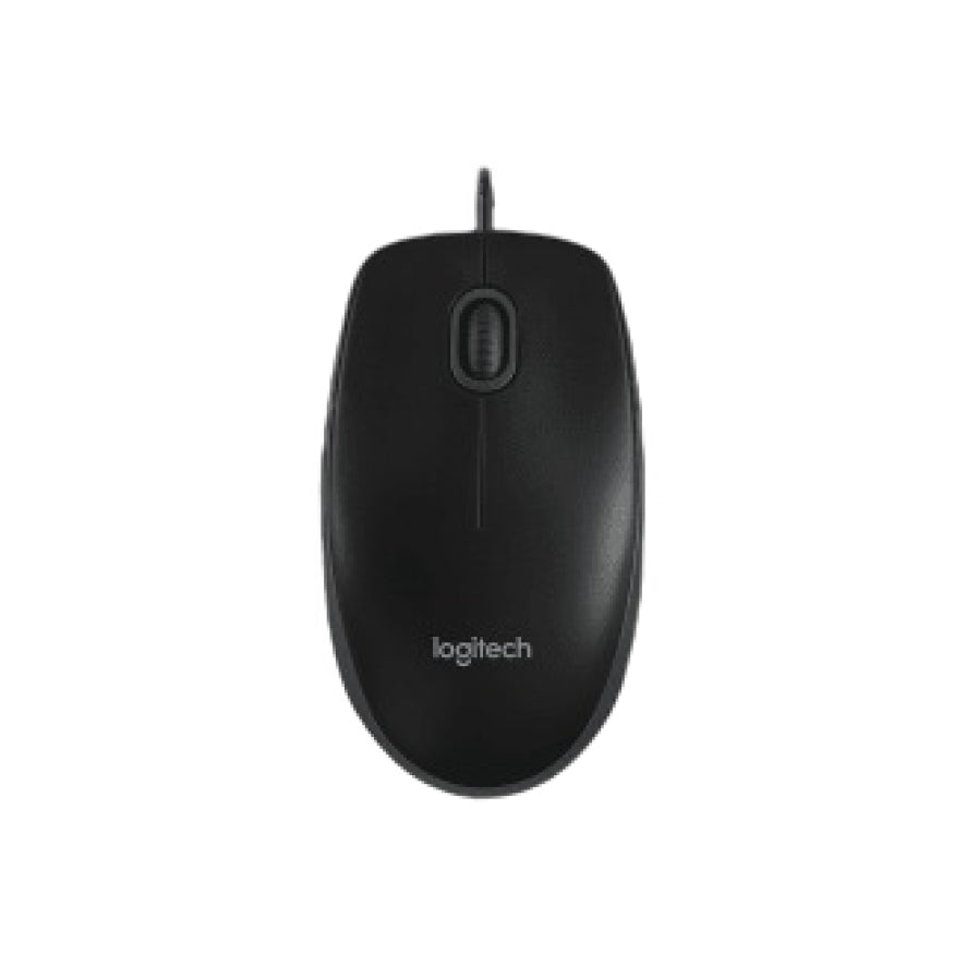 Black Logitech computer mouse on a white background