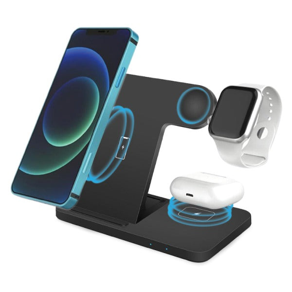 Wireless charging stand with smartphone, smartwatch, and earbuds on a white background