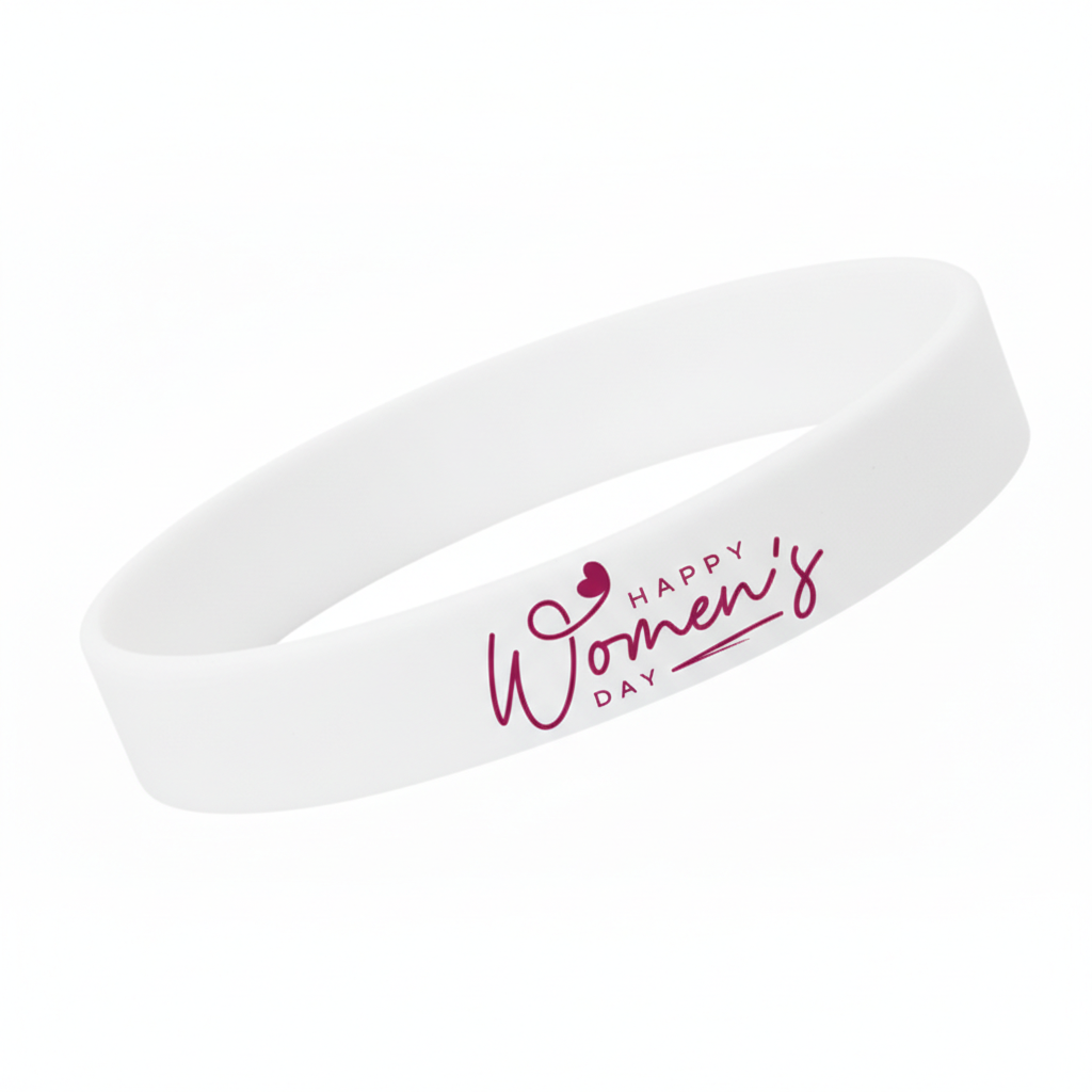 White wristband with 'Happy Women's Day' text on a white background