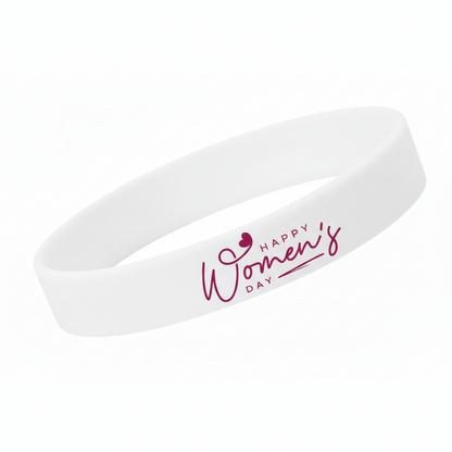 White wristband with 'Happy Women's Day' text on a white background