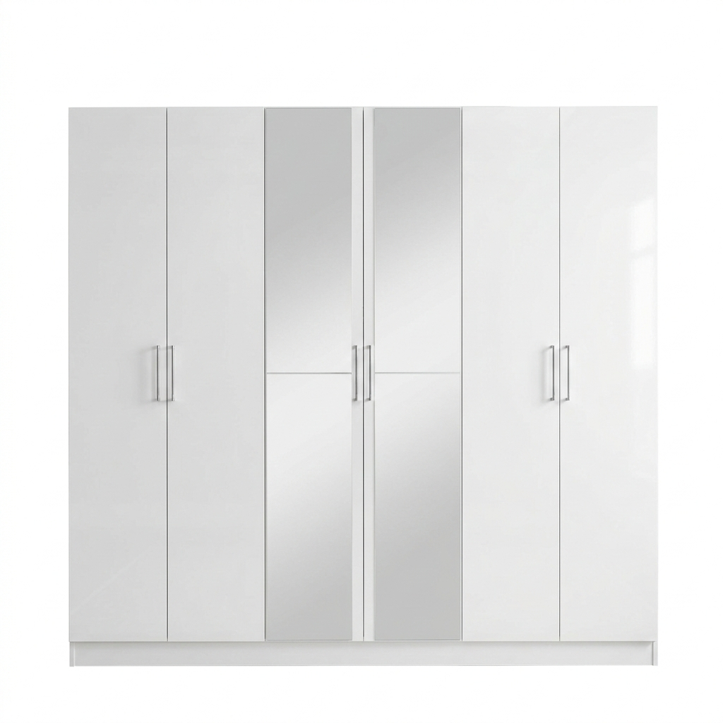 White wardrobe with four doors and two drawers on a white background