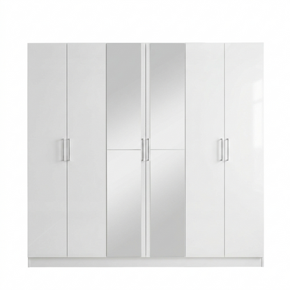 White wardrobe with four doors and two drawers on a white background