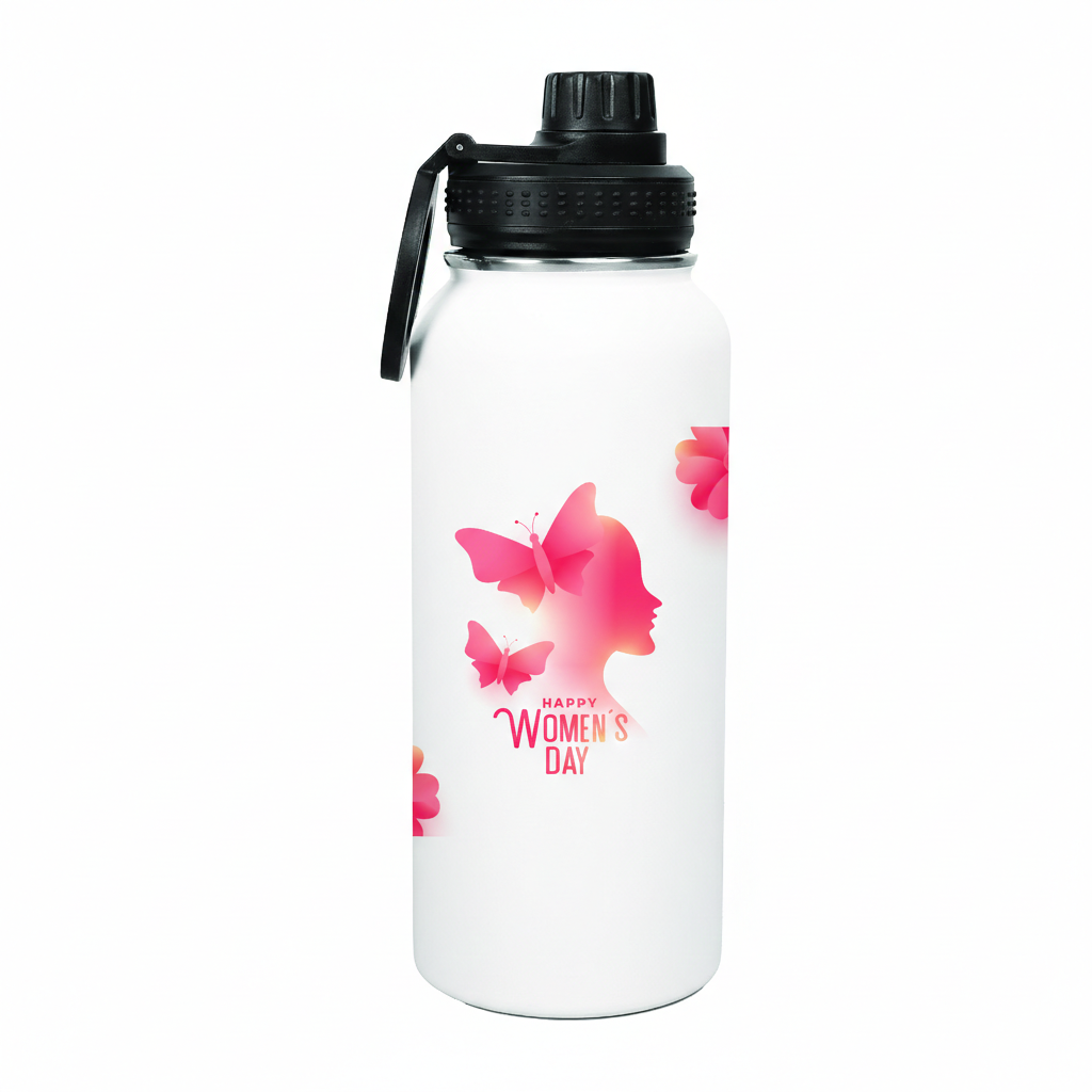 White water bottle with butterfly design and 'Happy Women's Day' text on a white background