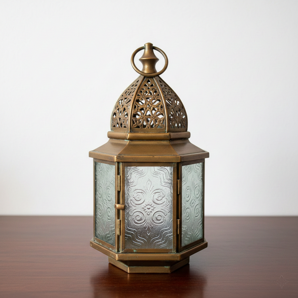 Decorative brass lantern with intricate design on a wooden surface