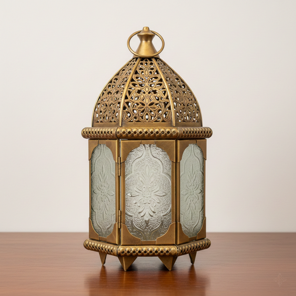 Decorative gold lantern with intricate designs on a wooden surface and light background