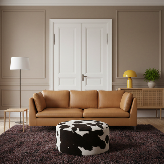 Modern living room with a brown sofa, black and white ottoman, and decorative items.