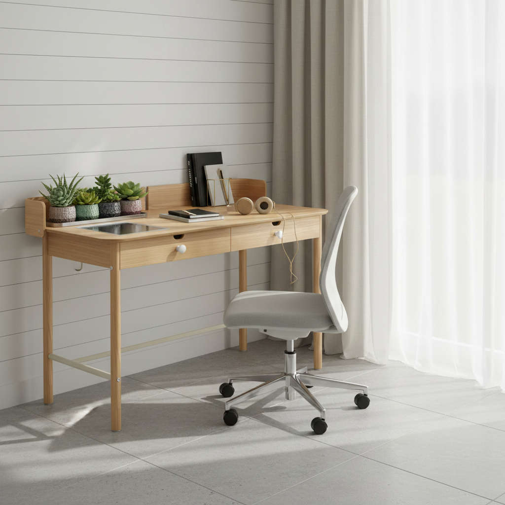 Wooden desk with office supplies and a chair in a bright room.