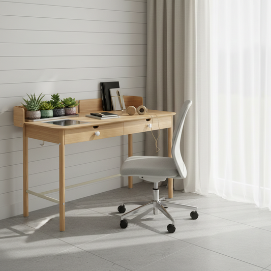 Wooden desk with office supplies and a chair in a bright room.