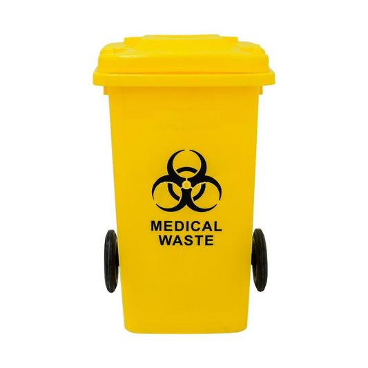 Yellow trash bin with biohazard symbol and 'Medical Waste' text on a white background